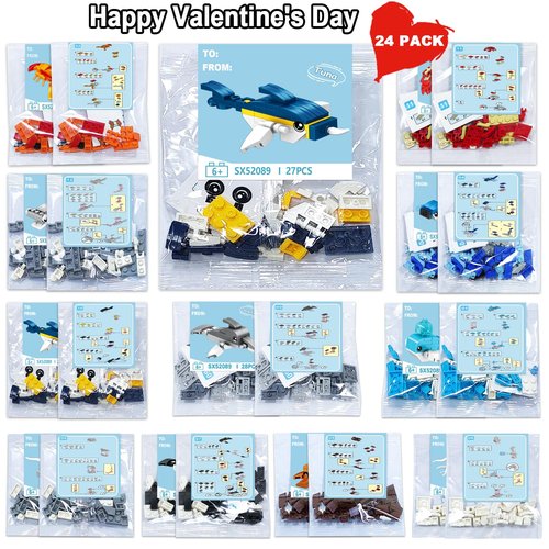 JZILU 24 Packs Valentines Day Gifts for Kids with Sea Animal Building Blocks, Valentines Day Cards for Kids School Exchange, Bulk Valentines Toys for Boy Girls Classroom