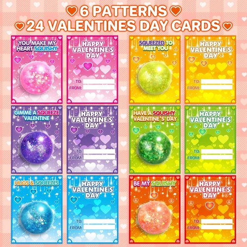 AuroTops Valentines Day Cards for Kids,24 Pack Stretchy Balls with Valentines Day Cards for Kids School Classroom Exchange Valentine's Gifts for Boys Girls Squeeze Ball Toy Bulk,Kids Party Favors