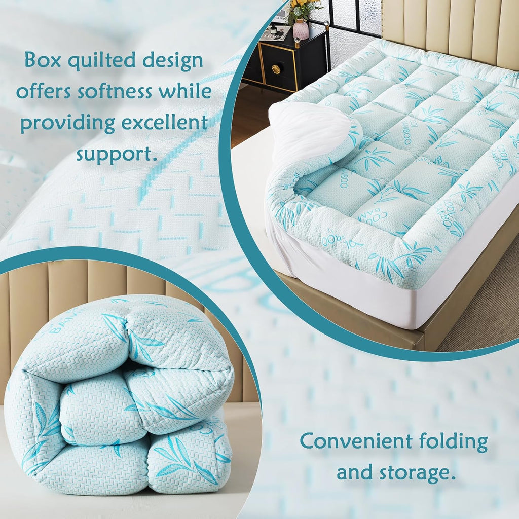 WhatsBedding 5-Inch Full Mattress Topper - Breathable Bamboo Viscose & Memory Foam | Blue Color