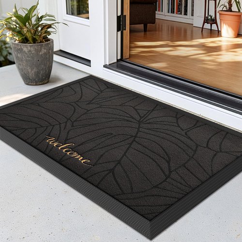 LUMI Premium Front Door Mat 24"x36", Non-Slip Heavy Duty Rubber Welcome Mats, Embroidered Tree Dirt Trapper Doormat for Indoor Outdoor Entryway, Porch, Patio, Grey Gold Monstera