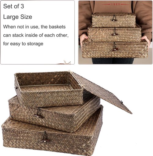 Hipiwe Flat Wicker Basket Bins - Set of 3 Handwoven Seagrass Storage Baskets | Large 14.8"x13" Coffee Color