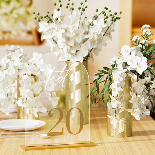 iFaveorr Arch Wedding Table Numbers 1-20 with Stands, Elegant Gold Number 5.5 x 7” Arch Acrylic Signs with Holder, Clear Acrylic Table Numbers for Wedding Reception, Anniversary, Party, Events