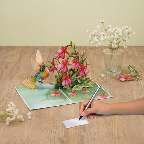 POPWOW Humming Bird Pop Up Card, Fuchsia, 3D Popup Greeting Cards, Gift For Birthday, Mothers Day, Anniversary, Valentines, Thinking Of You, Thank You, 5x7 - Includes Envelope And Message Note
