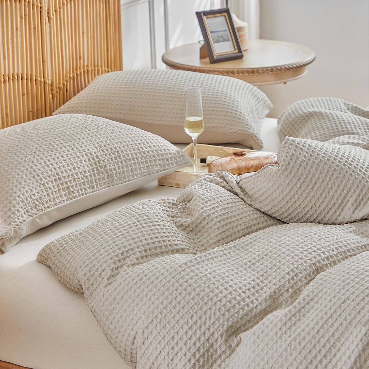 WARMDERN Waffle Weave Duvet Cover Set - Soft & Breathable Queen Size Bedding in Khaki | 3-Piece Microfiber Set