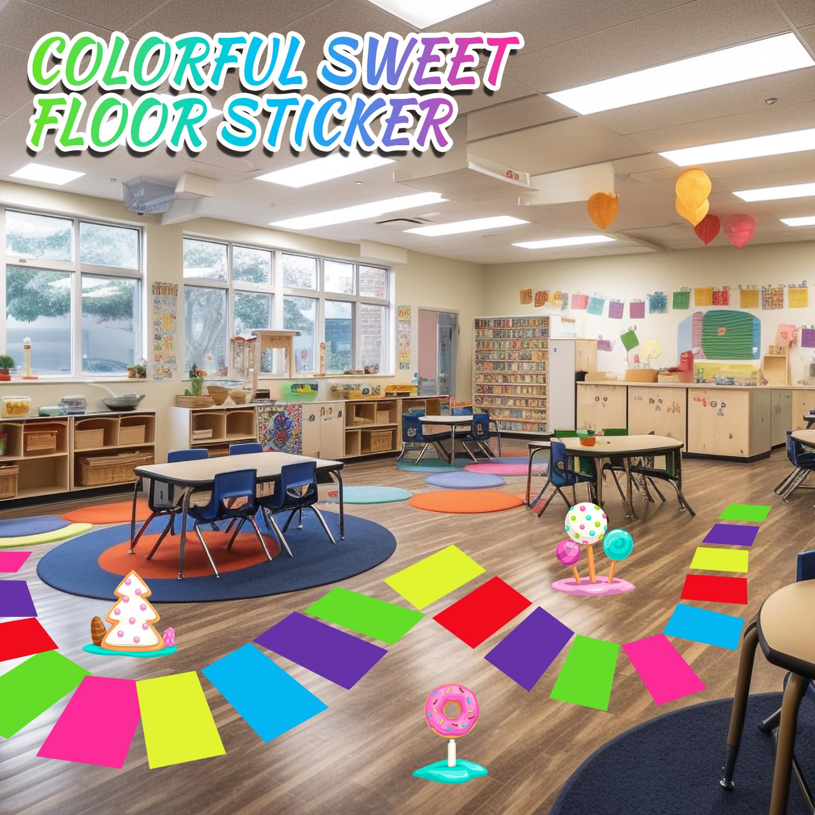 Skyygemm Colorful PVC Floor Stickers Candy Donut Theme Land Runway Rug Hallway Runner Rug Party Decoration for Halloween Trunk or Treat Car Decor(60 Pcs,16.1 x 10.2 Inch)