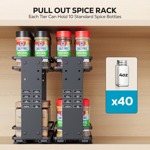 Nieifi Pull Out Spice Rack Organizer, 2 Tiers, Black, Spice Organization for Cabinet, Height Adjustable, Easy to Install