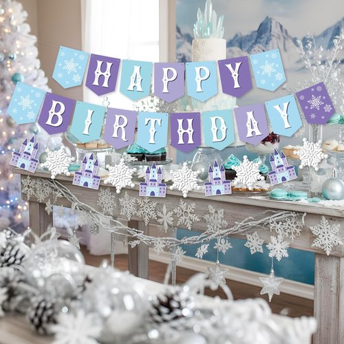 Snowflake Happy Birthday Banner,2 Set Pre-Strung Blue Snowflake Banner with Castle for Birthday Party Decorations,Winter Wonderland Holiday Party Decorations,Christmas