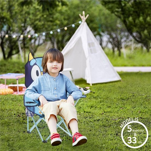 Bluey Kids Folding Camp Chair, Portable Outdoor/Indoor Chair with Carry Bag, Cup Holder, High Back, Lightweight & Durable for Ages 3+