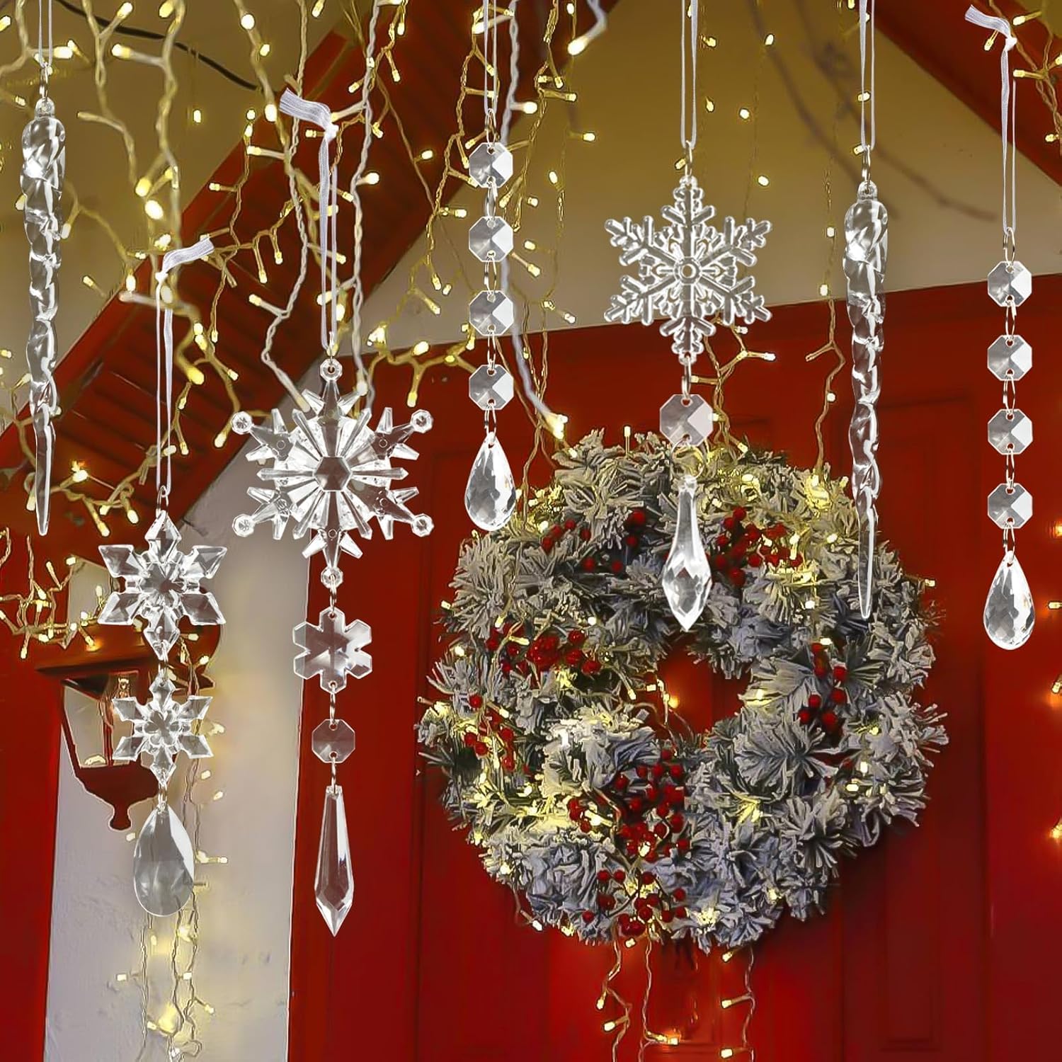 Skiennix 18pcs Crystal Christmas Ornaments - Hanging Acrylic Snowflake Icicles for Winter Decor