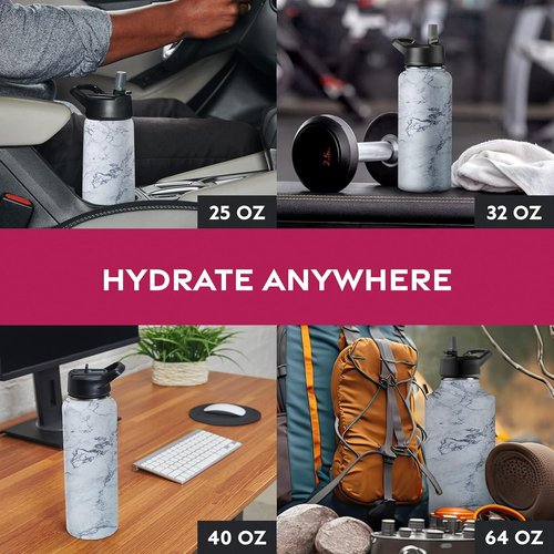 Triple-Insulated Stainless Steel Water Bottles with Straw, 25 Oz Reusable Insulated Water Bottles with 3 Lids, Metal Water Bottle for Travel, School, Sports, Gym/Men, Women & Kids (Marble White)