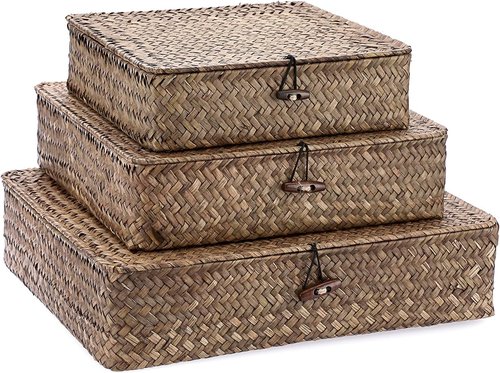 Hipiwe Flat Wicker Basket Bins - Set of 3 Handwoven Seagrass Storage Baskets | Large 14.8"x13" Coffee Color