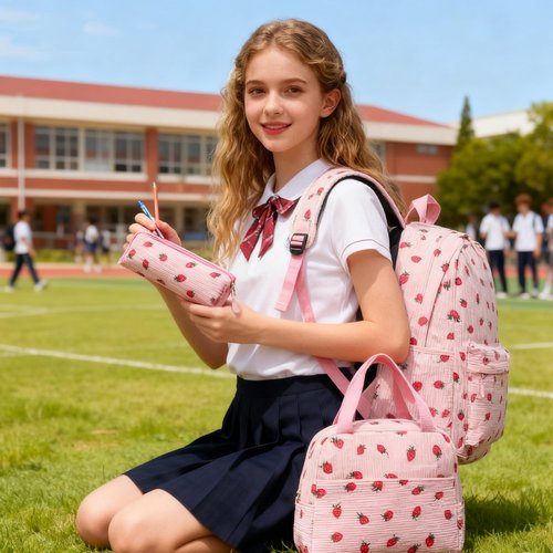 LAZYTAIL School Backpack Set Girls Womens - 3PCS Corduroy Kids Backpack Set with Lunch Box & Pencil Pouch, Lightweight Teen Girls School Bag Laptop Bag Travel Daypack for for College, Daily Use