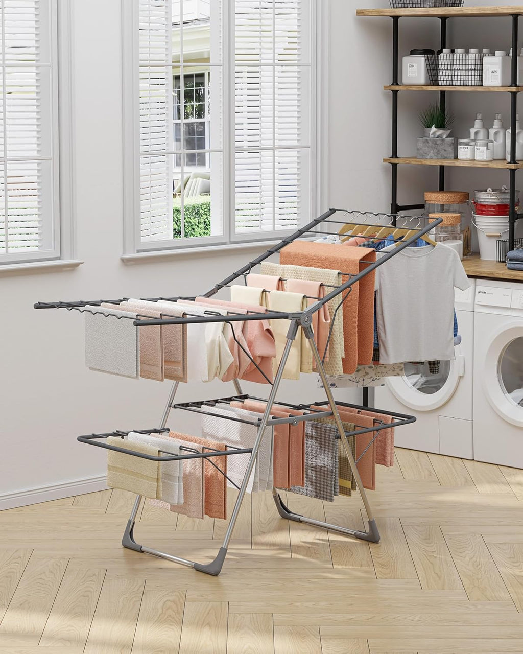 Sakugi Clothes Drying Rack - Foldable 2-Level Design with Height-Adjustable Wings | Space-Saving Indoor & Outdoor Use, Gray, 55.5" L × 22.8" W