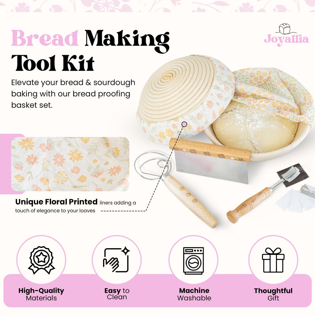 Joyallia Banneton Bread Proofing Basket Set of 2-9” Oval Sourdough Baskets with Liners & Scraper - Artisan Bread Proofing Kit for Home Baking - Ideal for Sourdough Lovers