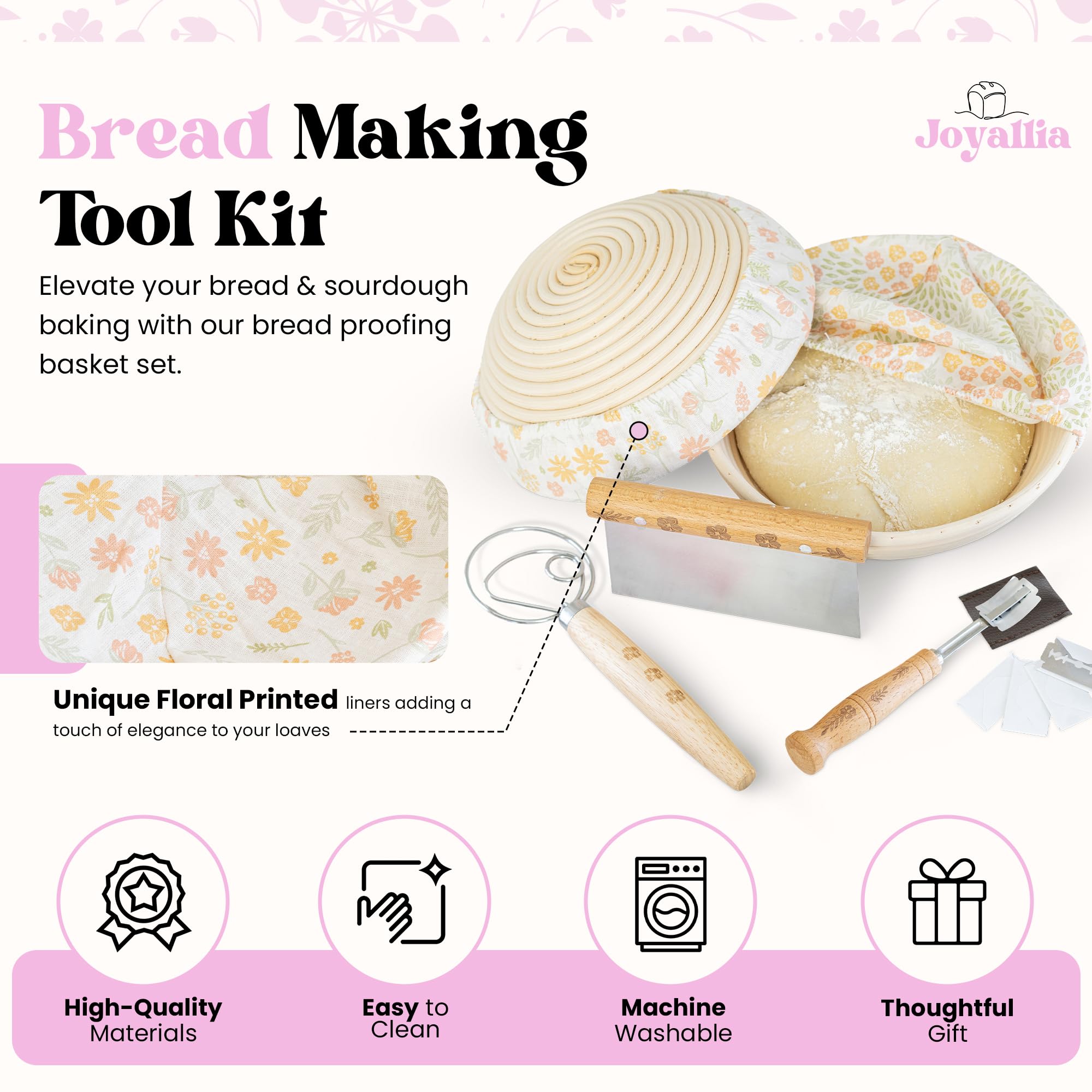 Joyallia Banneton Bread Proofing Basket Set of 2-9” Oval Sourdough Baskets with Liners & Scraper - Artisan Bread Proofing Kit for Home Baking - Ideal for Sourdough Lovers