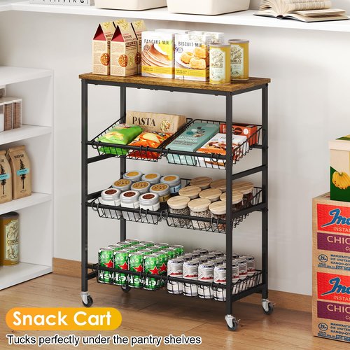 4-Tier Rolling Kitchen Storage Cart, Utility Kitchen Pantry Snack Organizer Cart with Wheels, Microwave Stand with Storage Shelf for Snack Fruit Vegetable Potato Onion, 6 Wire Basket and Wood Tabletop
