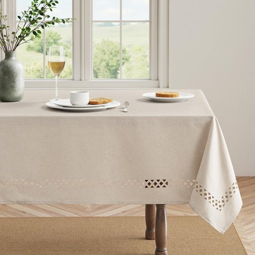 MIULEE Beige Rectangle Linen Polyester Tablecloth with Decorative Cutouts Spring Waterproof Stain Resistant & Shrink-Proof Table Cloth 60x144 inch Farmhouse Style for Dining Wedding and Outdoor