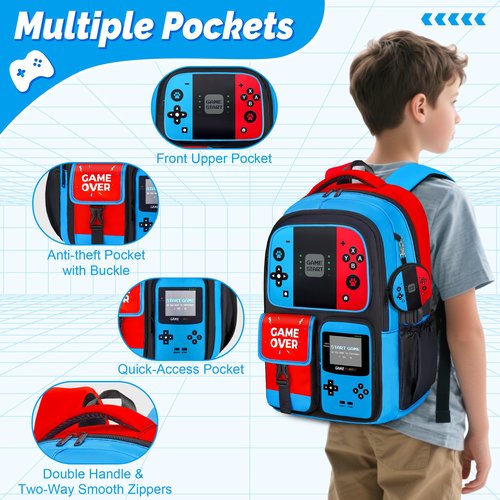 TOWIHUN Gamer Backpack for Boys, 4pcs Gaming Boys Backpack with Lunch Box and Pencil Case for Kids, Video Gamer School Bags