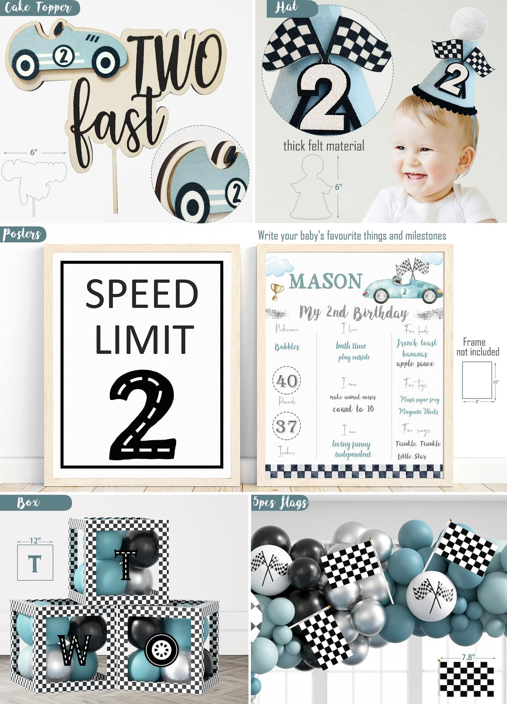 Two Fast Birthday Decorations, 2nd Birthday Decoration for Boys, Race Car Party Supplies for 2 Year Old with Balloon Garland Backdrop Tablecloth Box Crown Cake Topper