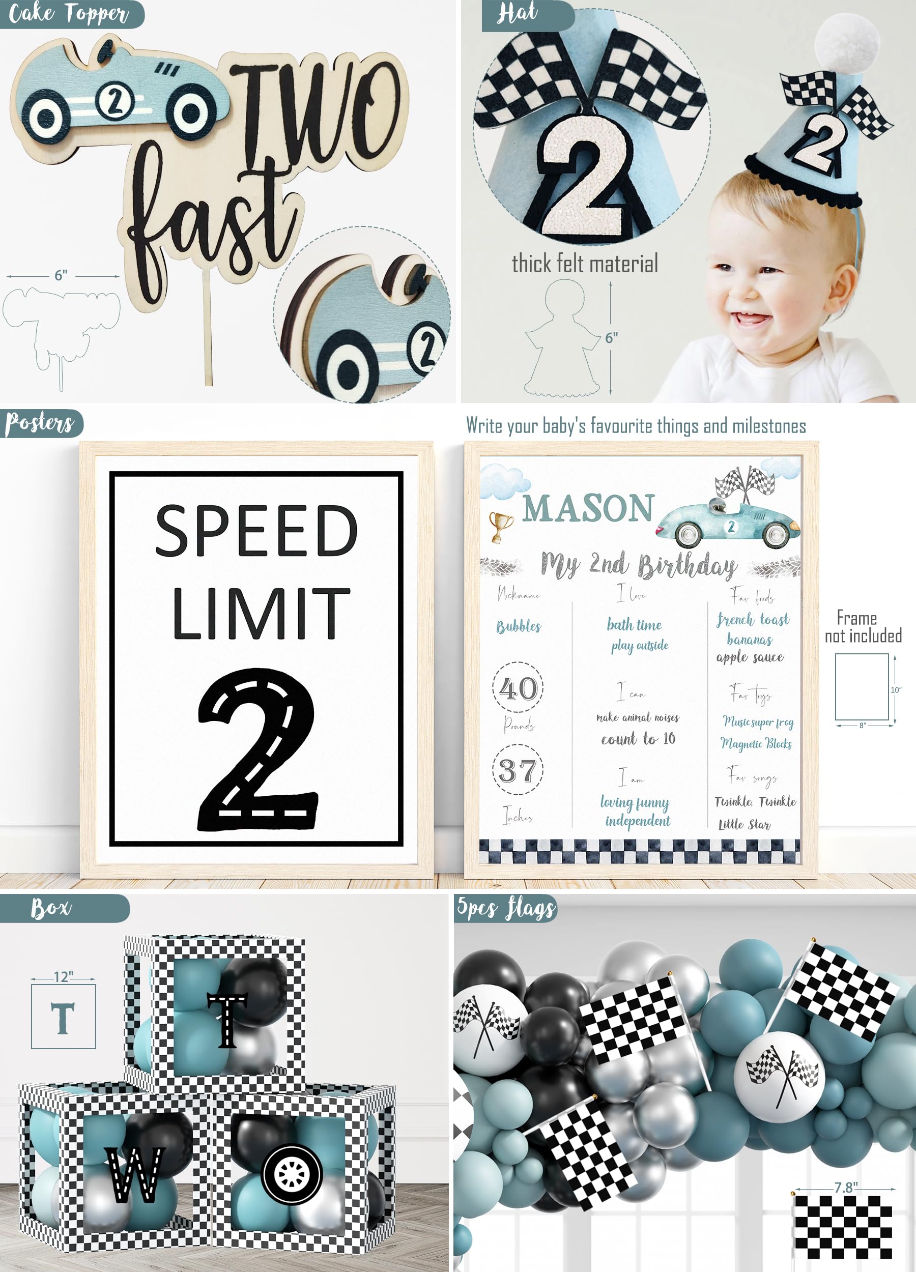 Two Fast Birthday Decorations, 2nd Birthday Decoration for Boys, Race Car Party Supplies for 2 Year Old with Balloon Garland Backdrop Tablecloth Box Crown Cake Topper