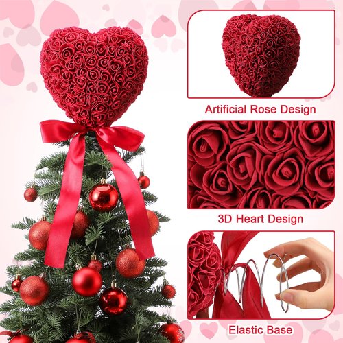 Soulchen Valentine Day Tree Topper 11.8 Inch Heart Tree Topper with Bow Rose Valentines Trees Ornaments Decorations for Valentine's Day Wedding Holiday Party Supplies(Red)