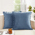 Deconovo Velvet Throw Pillow Covers, Set of 2, Decorative Pom-poms Soft with Invisible Zipper Cover for Sofa,Haze Blue,20x20 Inch