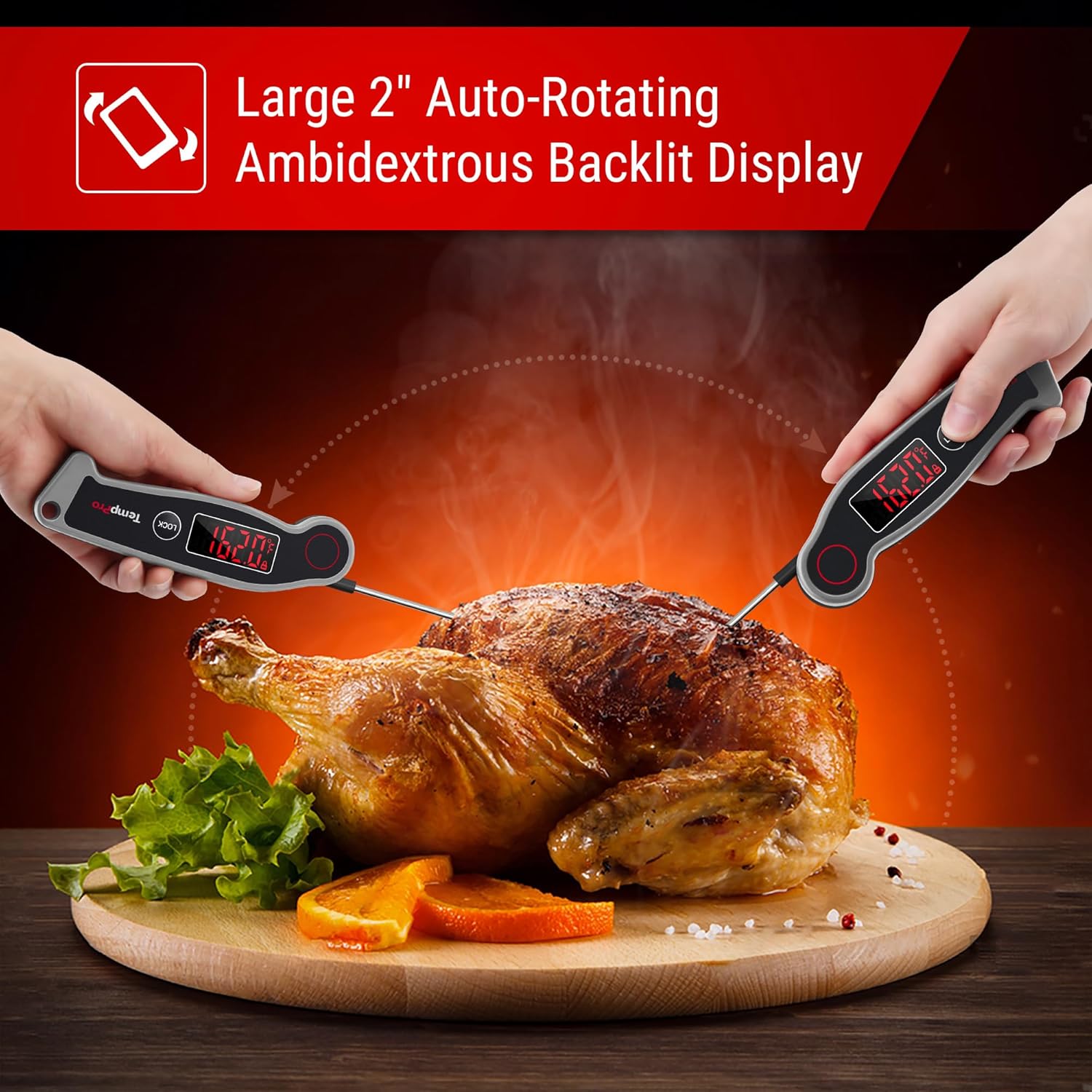 TempPro TP19 Waterproof Digital Meat Thermometer - Instant Read with Ambidextrous Backlit Display | Perfect for Grilling and Cooking