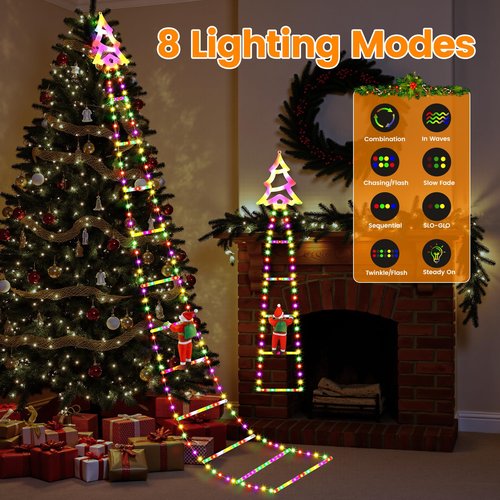 Christmas Ladder Lights with Santa Claus, 248 LED Rope Ladder Light, 8 Lighting Modes & 6H Timer, Waterproof Xmas Decorations Light for Indoor Outdoor, Yard, Porch, Wall, Christmas Tree Decor