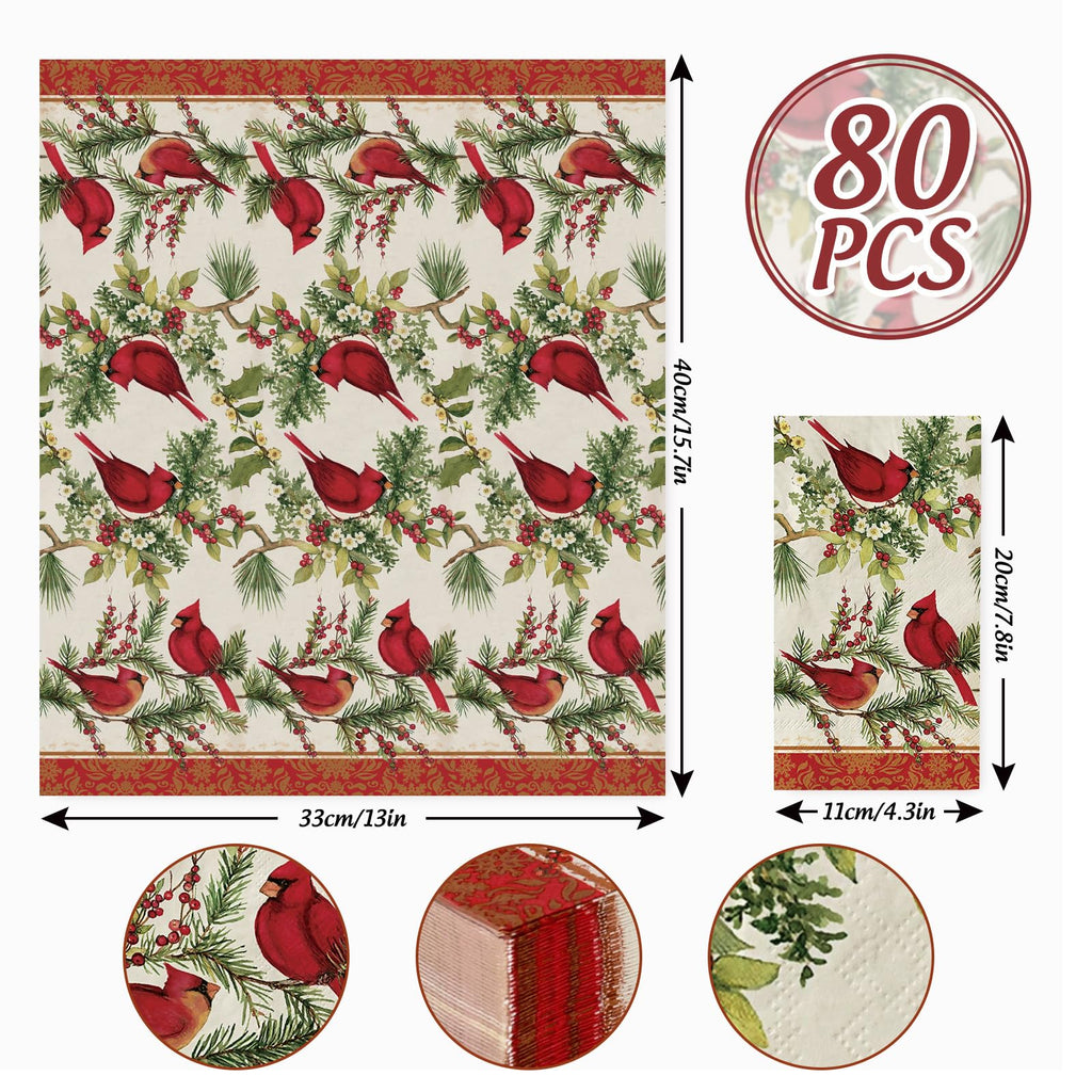 JarThenaAMCS 80Pcs Christmas Paper Guest Napkins Vintage Cardinal Bird Berry Bathroom Napkins Xmas Winter Disposable Guest Hand Towel Napkin for Home Party Supplies