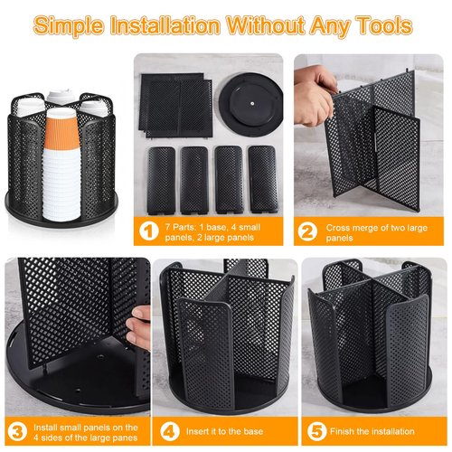 ceiiseaon Rotatable Cup and Lid Holder, Coffee Cup Dispenser for Countertop with 4 Compartments, Paper Cup Storage Holder, for Countertop Bathroom Kitchen Bedroom Coffee Shop