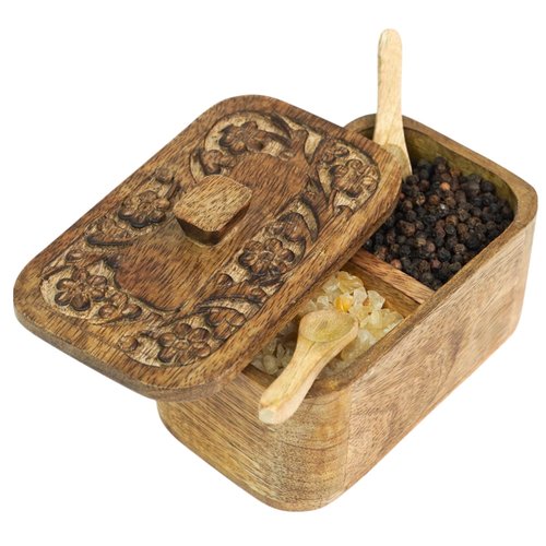 Mie Creations Duet Salt and Pepper Box Cellar with Hand Carved Lid & 2 Spoons, Rustic Wooden Pinch Bowls with 2 large Compartments | Wood Salt Storage Keeper, Spice Bowls for Kitchen Cooking
