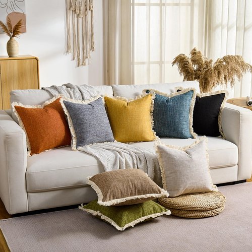 Mustard Yellow Faux Linen Decorative Throw Pillow Covers 18x18 Inch Set of 2 Boho Farmhouse Pillowcases with Tassels Rustic Woven Textured Burlap Cushion Cases for Sofa Bed Living Room Home Decor