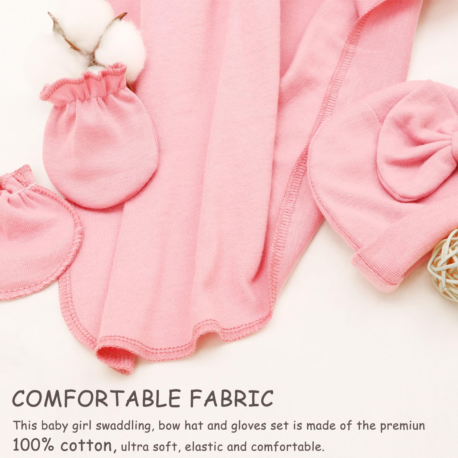 AQOKKA Newborn Receiving Blanket with Bow Hat Mittens Set Nursery Swaddle Wrap Toddler Swaddles for Newborn Baby Boy Girl