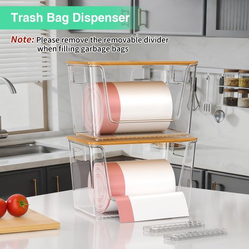 Wrrlors 2 Set Pantry Organizers,Stackable Potato and Onion Storage Bins with Bamboo Lids,Trash Bag Dispenser for 4-13 Gal Bags,kitchen Countertop Organizer for Produce or Snacks