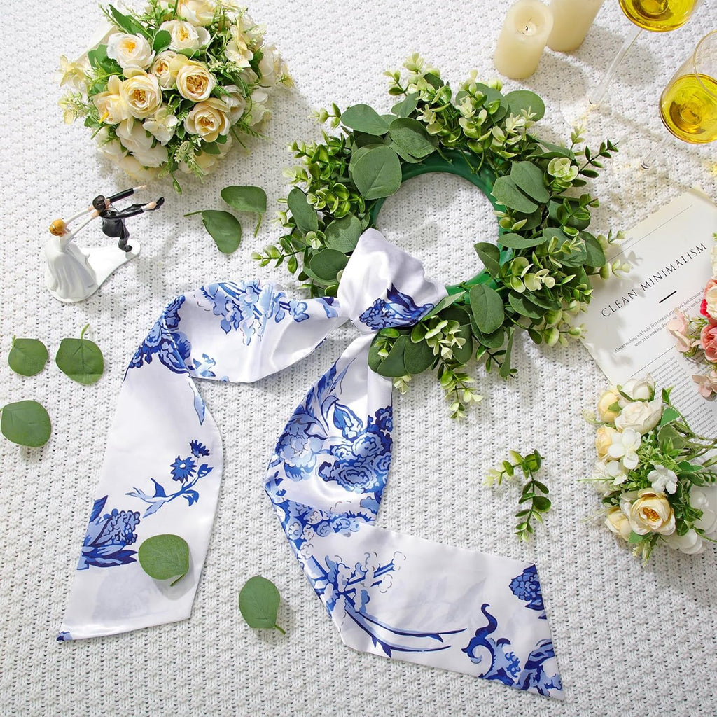 XunYee Wreath Sash Set - 6 Pcs Embroidered Monogram Decor for Indoor/Outdoor Use | Chinoiserie Design