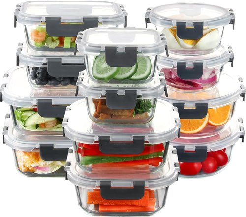 C CREST Glass Food Storage Containers Set of 12 - Airtight Locking Lids for Freshness | Multi-Size Meal Prep