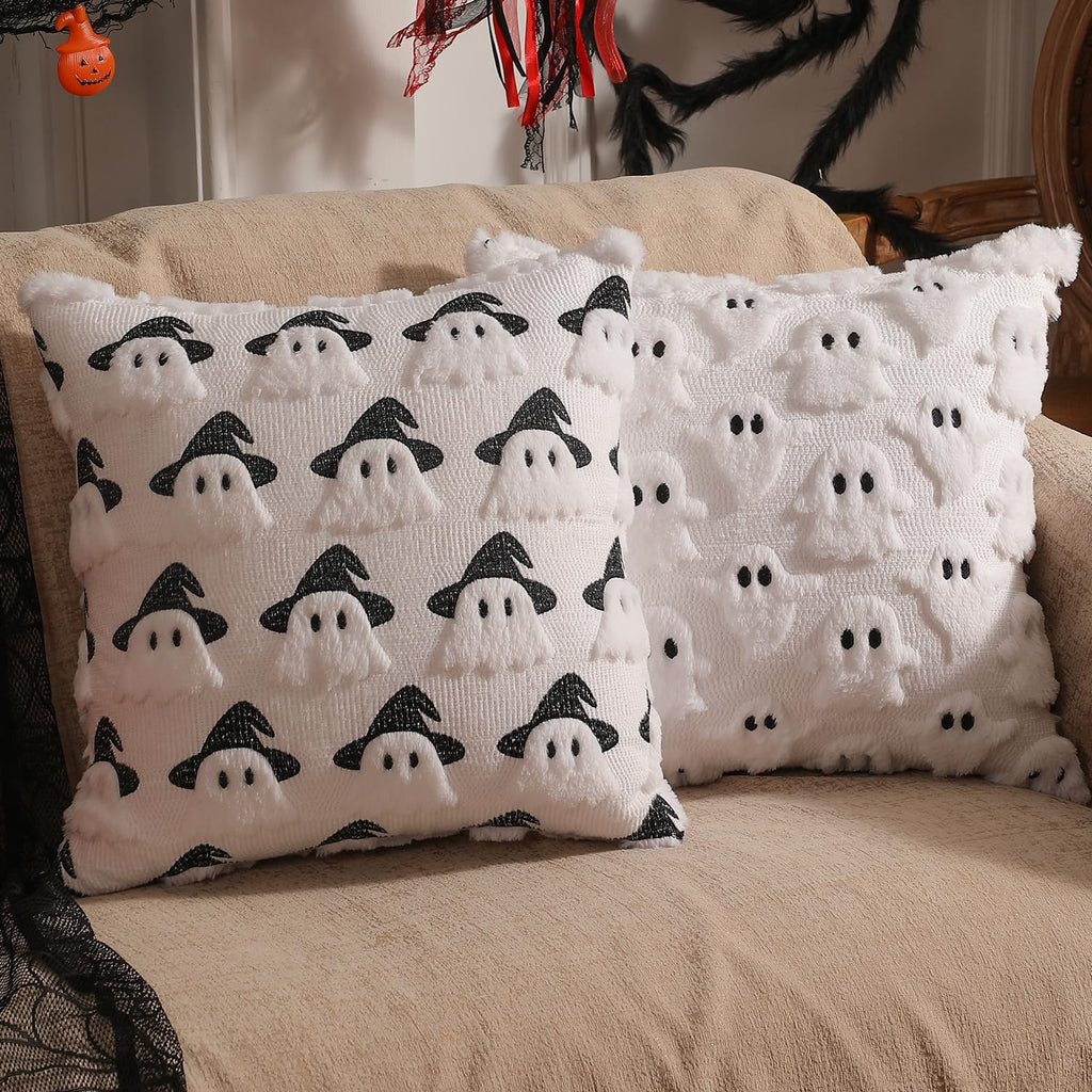 multiwins Halloween Decorations Set of 2 Double-Sided Halloween Pillow Covers 18" x 18", with 2 Different Looks, Cure White Ghost & Ghost with Hat, Plush Faux Fur Throw Pillow Covers for Home Decor