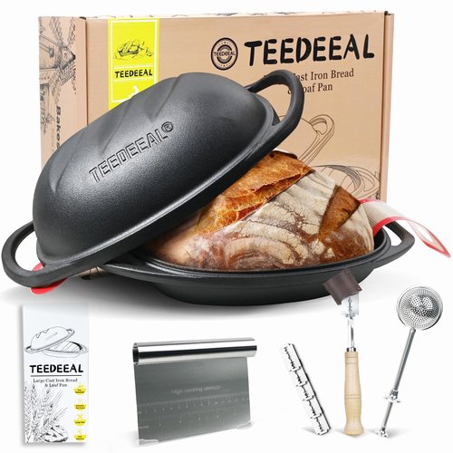 9.2 QT Heavy Duty Pre-seasoned Cast Iron Bread Pan, Large Loaf Dutch Oven with Lid, Sourdough Bread Baking Pan - Compatible with Ceramic/Cooktops/Ovens/Grill/Campfire - with lame, Flour Duster, etc