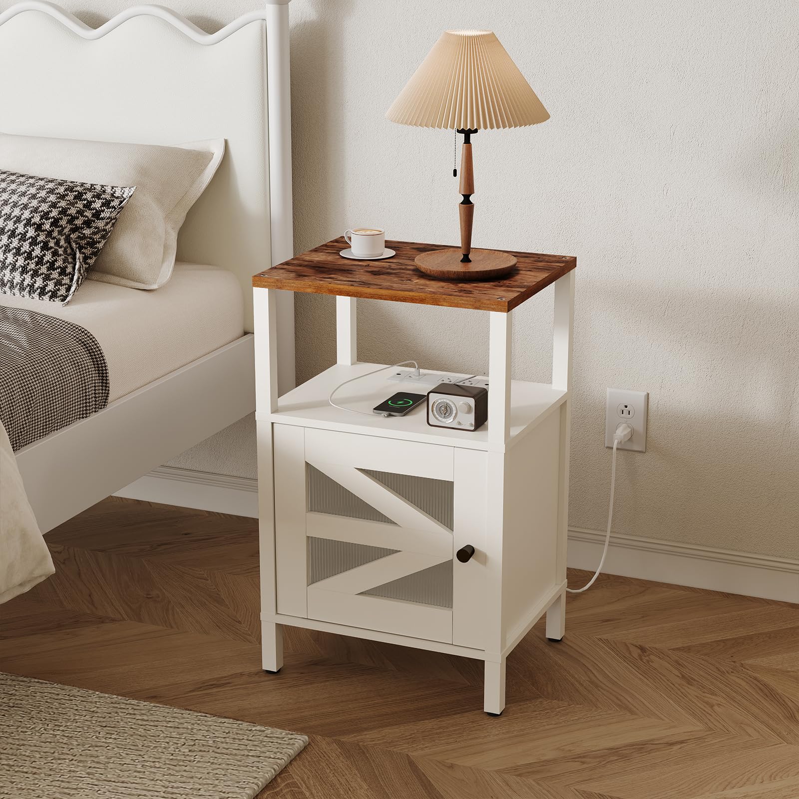 MAHANCRIS Farmhouse Nightstand with Charging Station, Rustic Bedside Table with USB Ports and Outlets, End Table Living Room with Storage, Side Table for Bedroom, White and Rustic Brown ETRW97E01