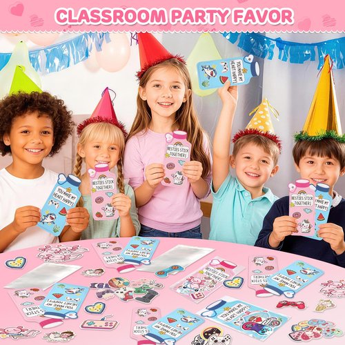 48 Packs Valentines Cards for Kids Classroom, Water Bottle Card with 200 Pcs Assorted Stickers, Valentines Day Exchange Gifts for Kids, Ideal Cards for Boys & Girls, Valentine’s School Prize