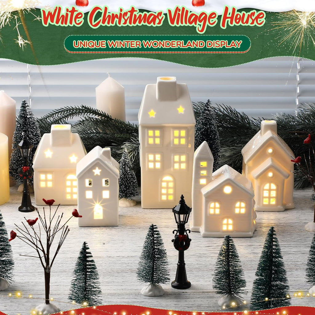 WinnerWhy Christmas Village House Set - 24 Pcs LED Lighted Mini Ceramic Ornaments for Festive Decor