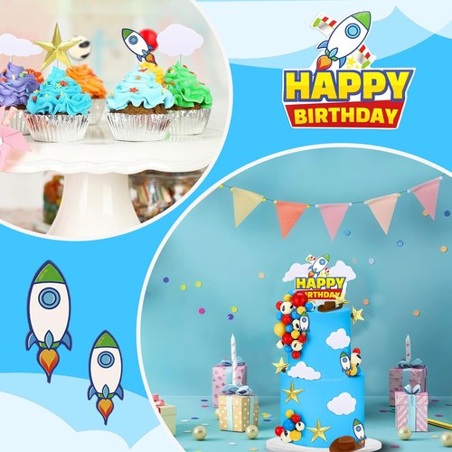 57Pcs Cartoon Story Birthday Cake Toppers Infinity and Beyond Blue Sky White Cloud Cow Print Cake Topper Toy Theme Party Decoration