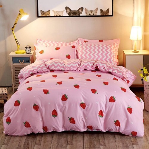 LAMEJOR Duvet Cover Set Twin Size Strawberry/Chevron Pattern Reversible Sweet Bedding Set Comforter Cover (1 Duvet Cover+2 Pillowcases) Pink