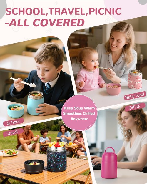 WXXM 10oz Soup Thermo for Hot Food Kids Insulated Food Jar with Spoon Wide Mouth Stainless Steel Lunch Container Leak Proof Vacuum Food Box for School Travel Picnic Pink
