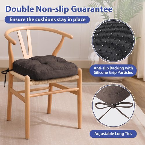 IASEAHK Chair Cushions for Dining Chairs, Dining Chair Cushions, Tufted Indoor Chair Pads with Ties & Non Slip Backing, Seat Cushions for Kitchen Chairs 16.5” x 16.5” x 3.5”, Set of 4, Brown