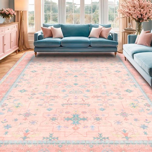 Aethestic | Washable Oushak Rugs 9x12 - Soft Faux Wool, Modern Floral Design, Non-Slip, Stain Resistant