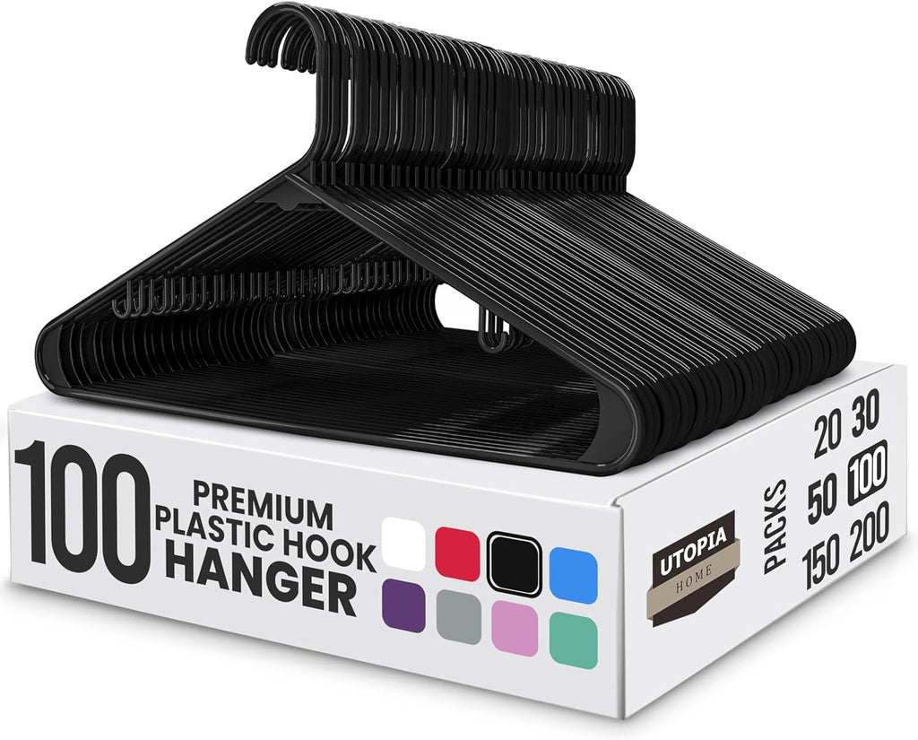 Utopia Home Plastic Hangers 100 Pack - Durable Space-Saving Closet Organizers - Essential for Shirts, Pants, Skirts & Coats (Black)