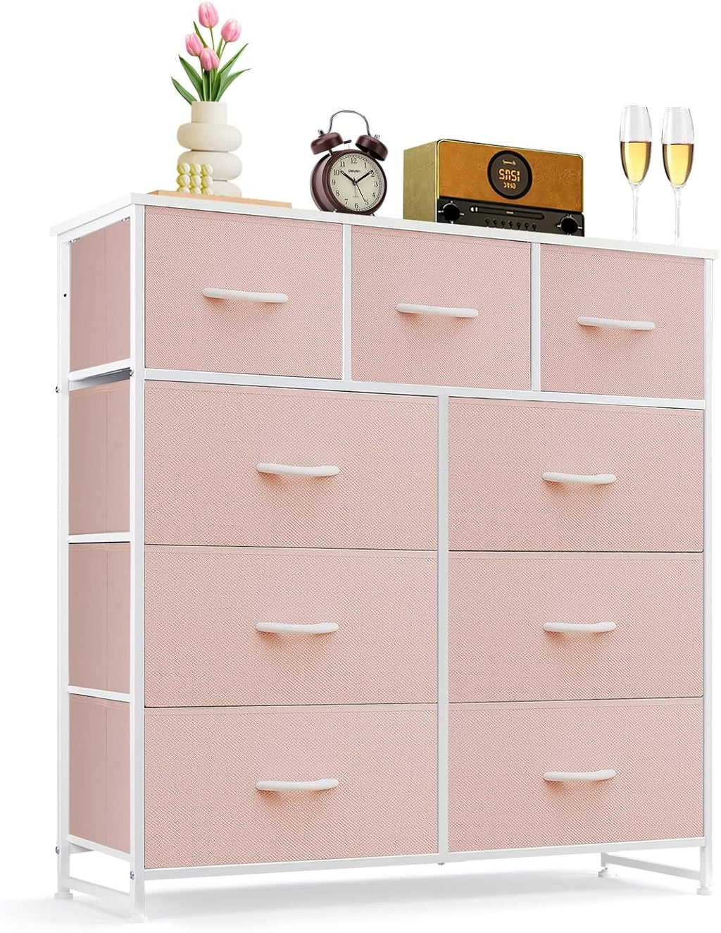 Regine Switzerland 9-Drawer Dresser - Anti-Tip Tall Storage Organizer with Wooden Top & Metal Frame - Pink