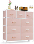Regine Switzerland 9-Drawer Dresser - Anti-Tip Tall Storage Organizer with Wooden Top & Metal Frame - Pink