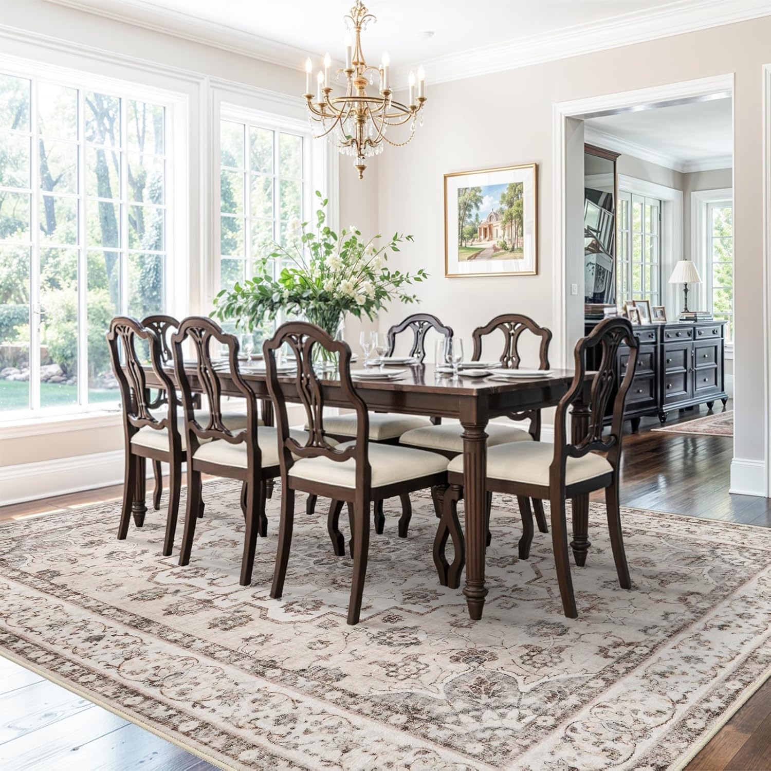 Skiennix Washable Large Area Rug - Non-Slip Stain Resistant Soft Medallion Design | 9x12 Beige/Cream